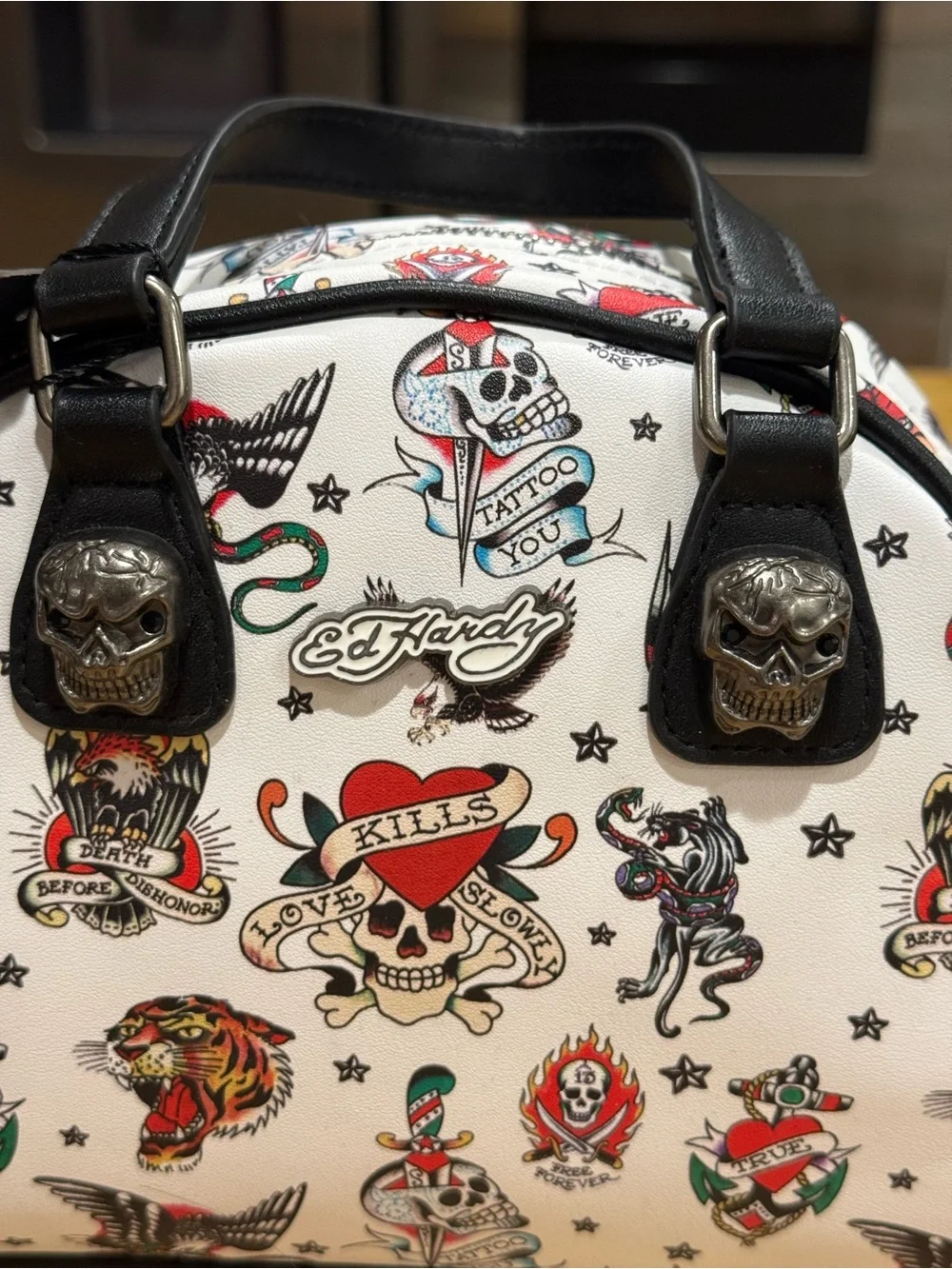 Ed Hardy White Tattoo Print Dome Satchel with Skull Hardware